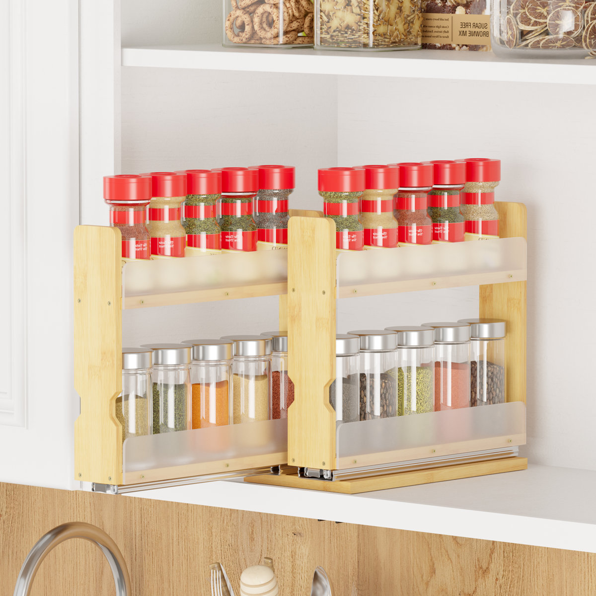 Bamboo Pull-out Spice Rack Organizer — Heavy Duty Sliding Cabinet Pantry — 5.1" W, 2-tier, 2 Drawers (2" Wide), Natural